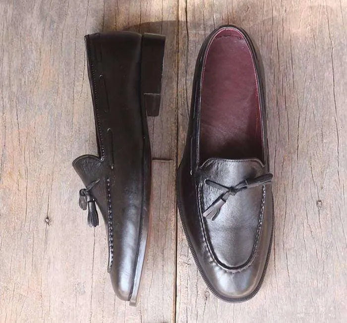 Handmade Black Leather Tussle Loafer