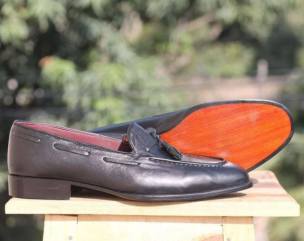 Handmade Black Leather Tussle Loafer