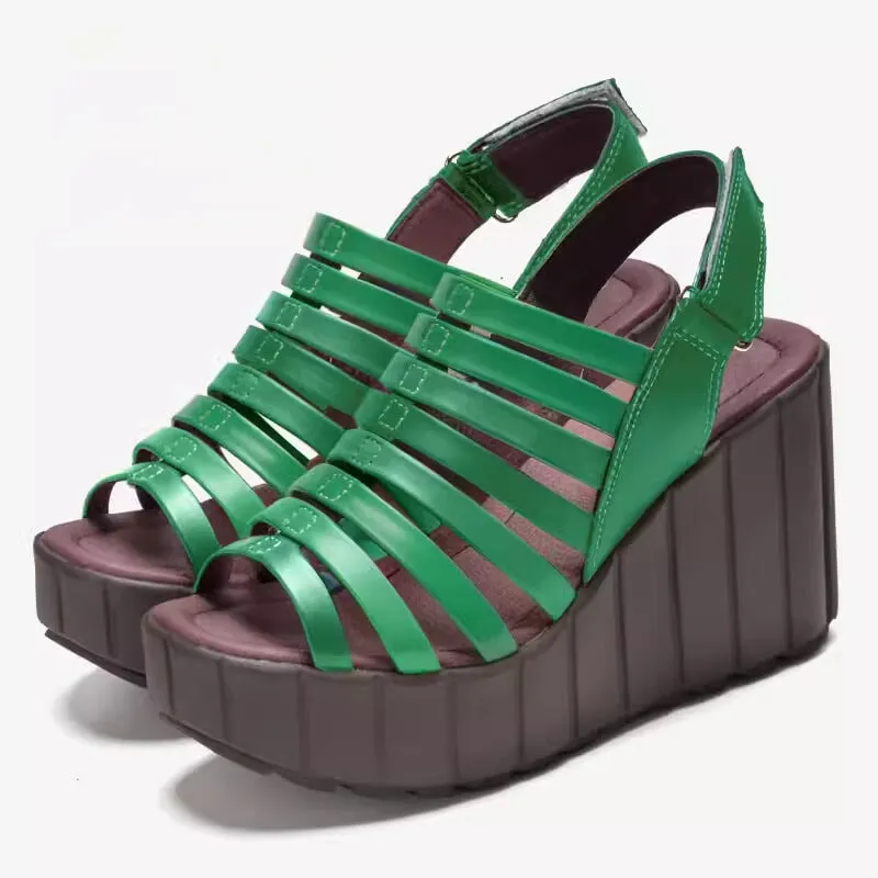 Handmade High Heel Gladiator Sandals Peep Toe 90mm Wedges in Black/Green/Rainbow