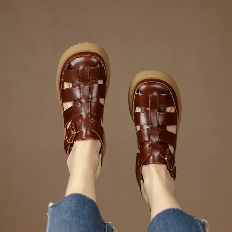 Handmade Platform Leather Gladiator Sandals in Red/Apricot/Black