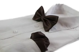 Mens Brown Plain Coloured Checkered Bow Tie & Matching Pocket Square Set