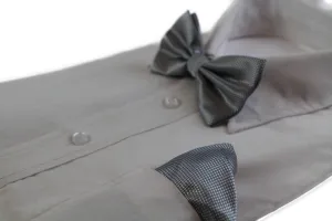 Mens Dark Silver Plain Coloured Checkered Bow Tie & Matching Pocket Square Set