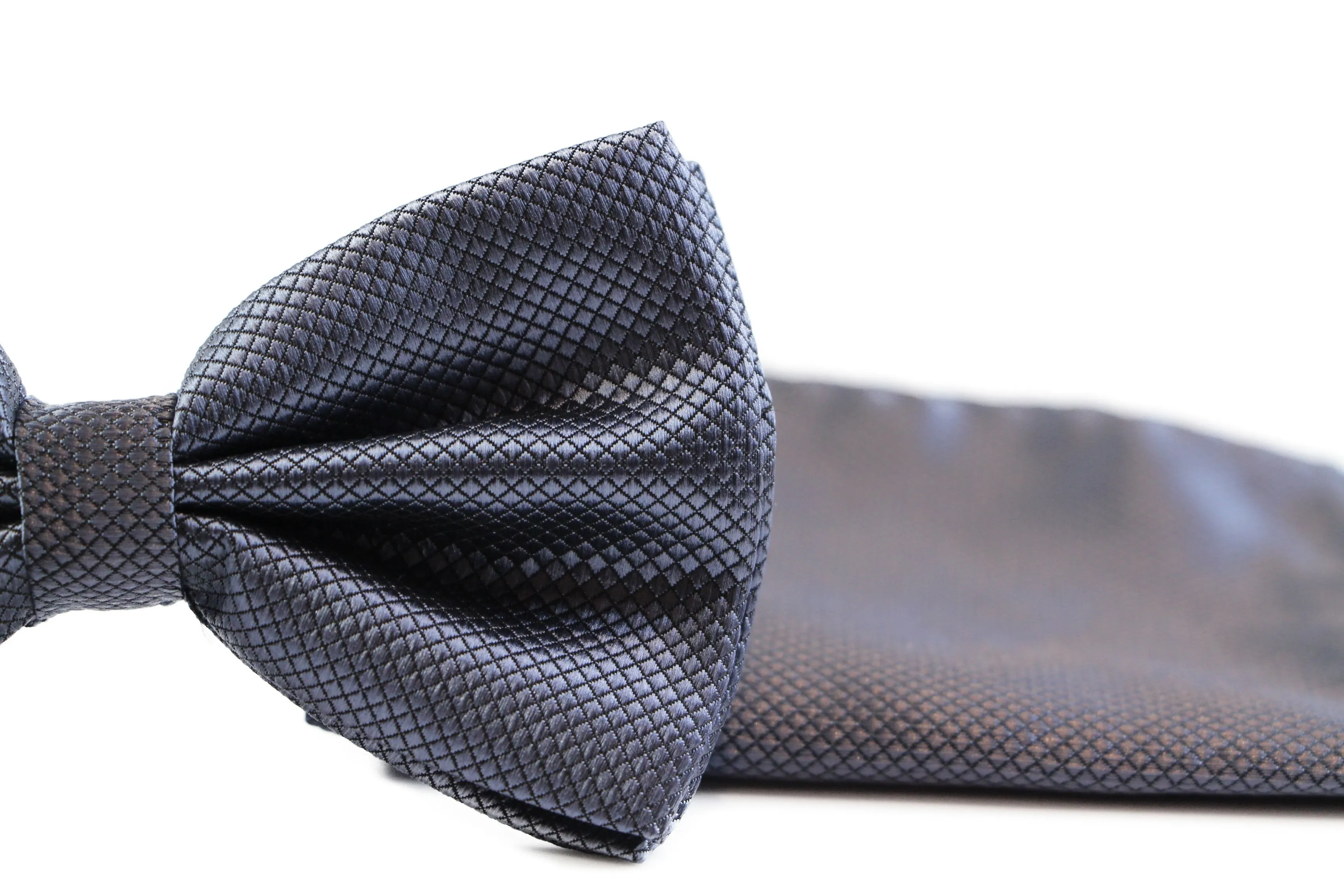 Mens Gunmetal Plain Coloured Checkered Bow Tie & Matching Pocket Square Set