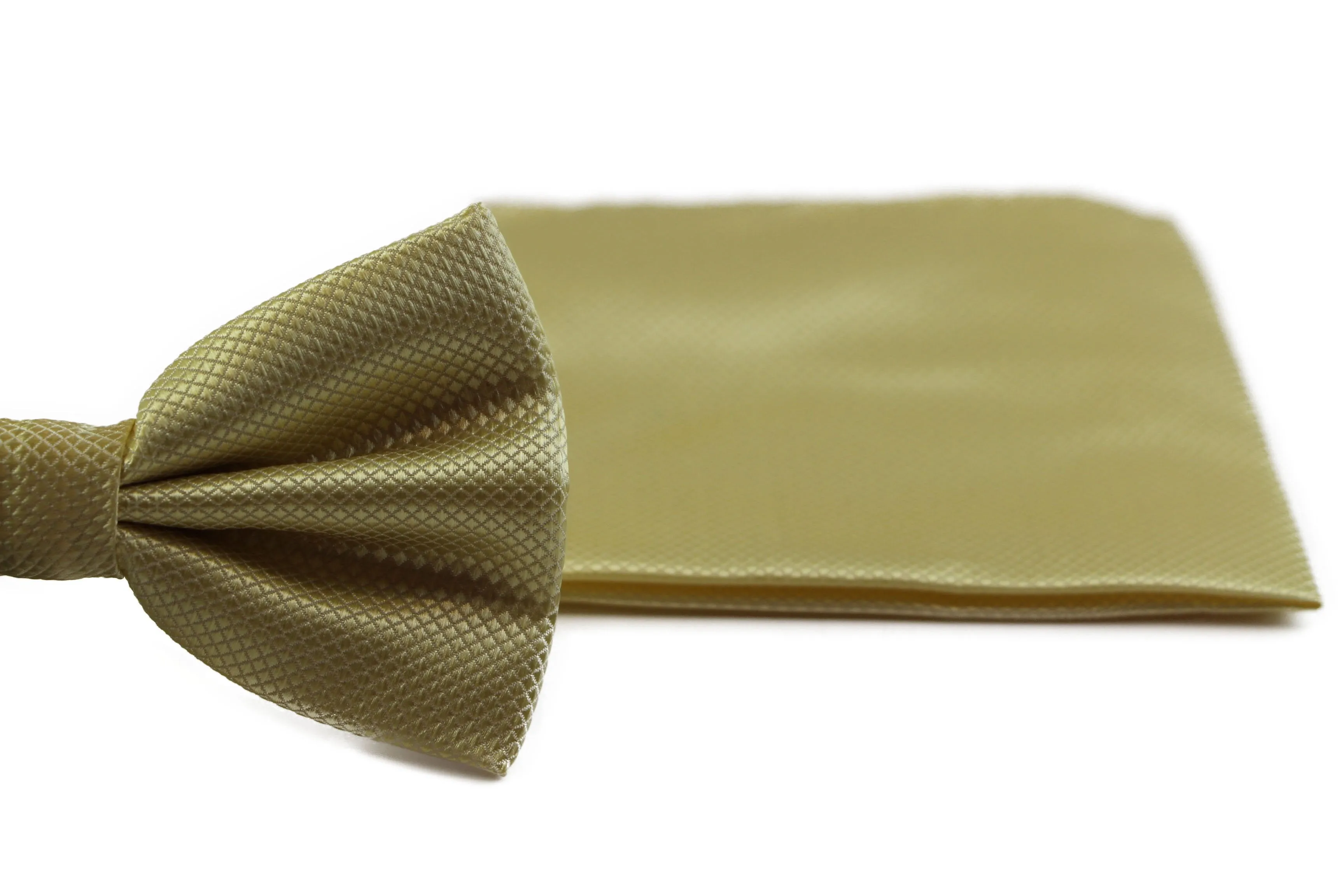 Mens Honey Yellow Plain Coloured Checkered Bow Tie & Matching Pocket Square Set