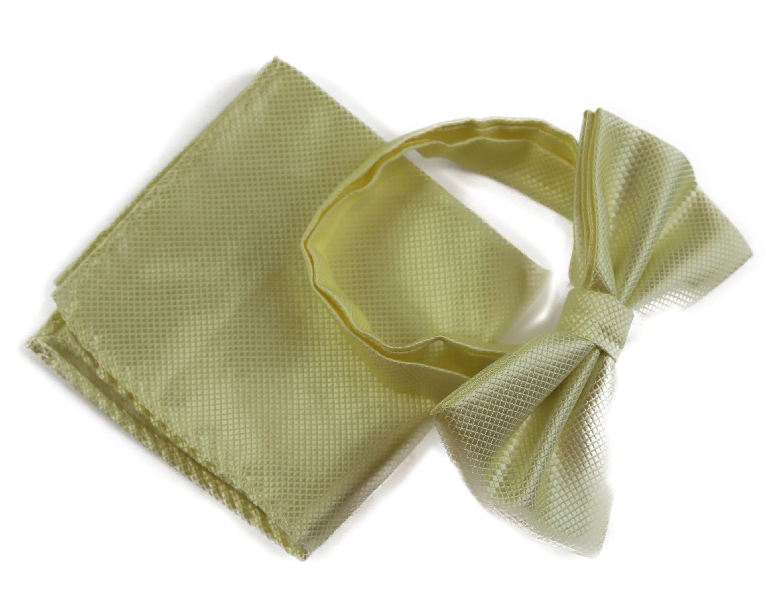 Mens Lemon Plain Coloured Checkered Bow Tie & Matching Pocket Square Set