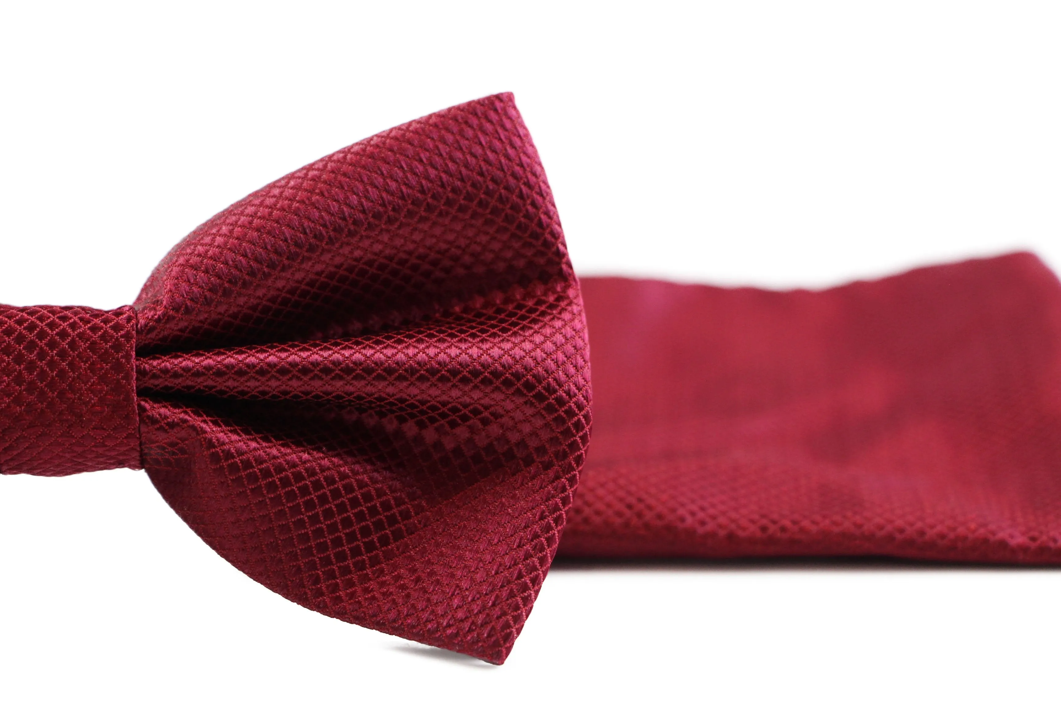 Mens Maroon Plain Coloured Checkered Bow Tie & Matching Pocket Square Set