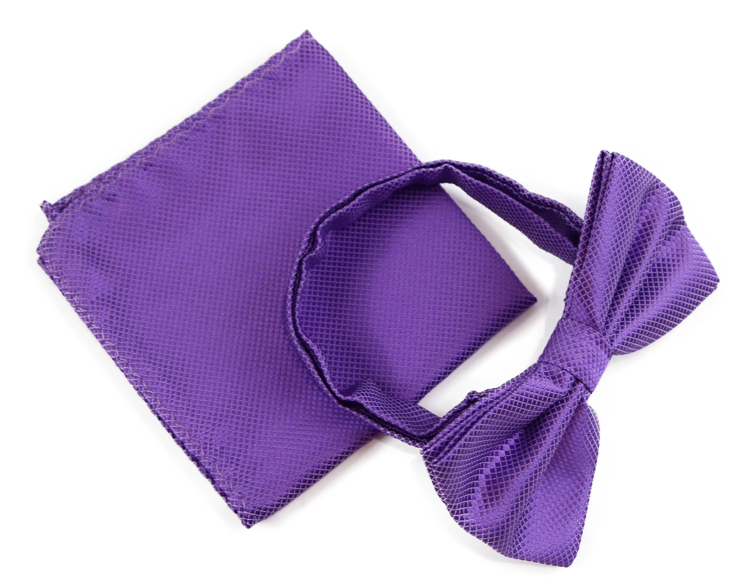 Mens Purple Plain Coloured Checkered Bow Tie & Matching Pocket Square Set