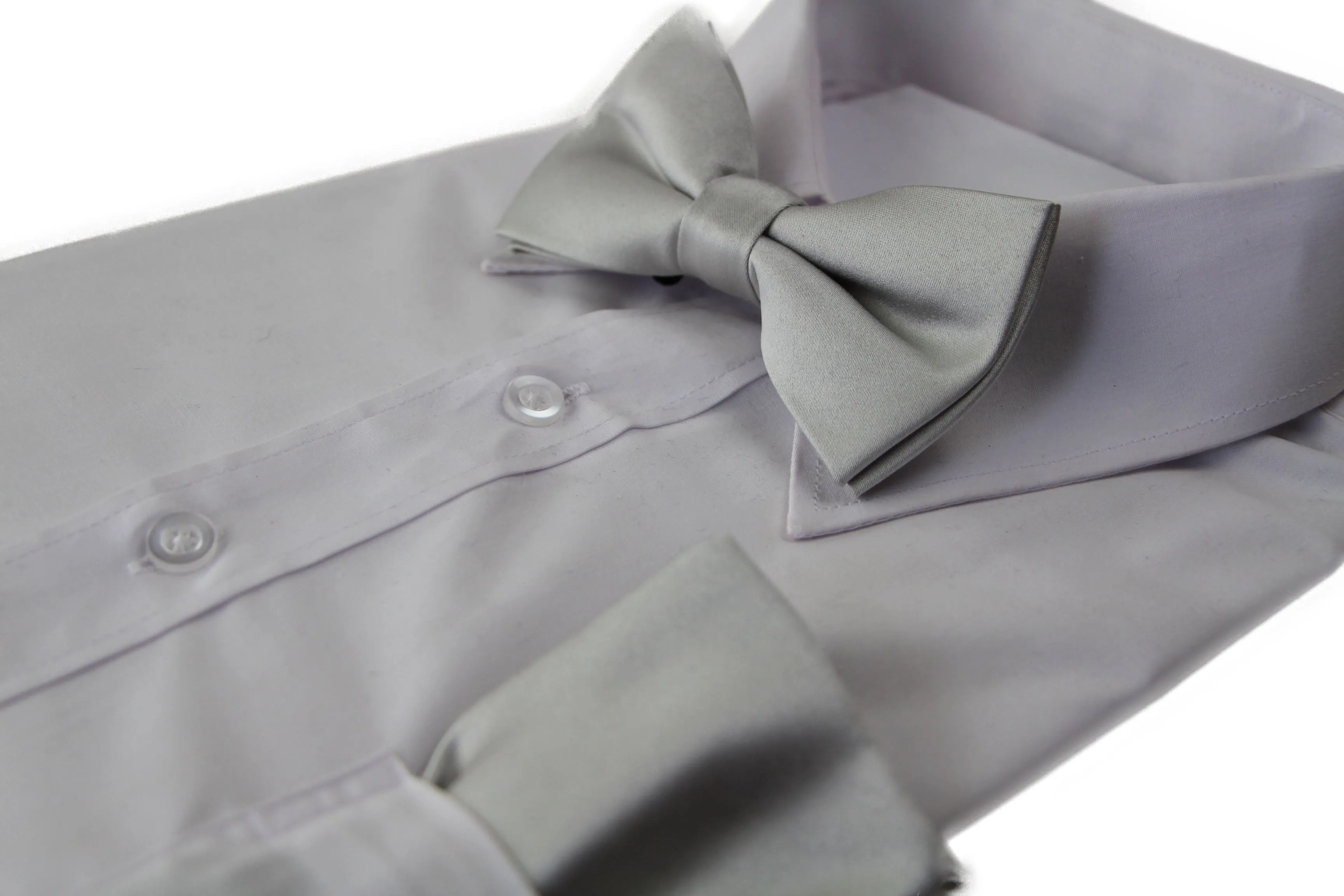 Mens Quality Silver Plain Bow Tie & Matching Pocket Square Set