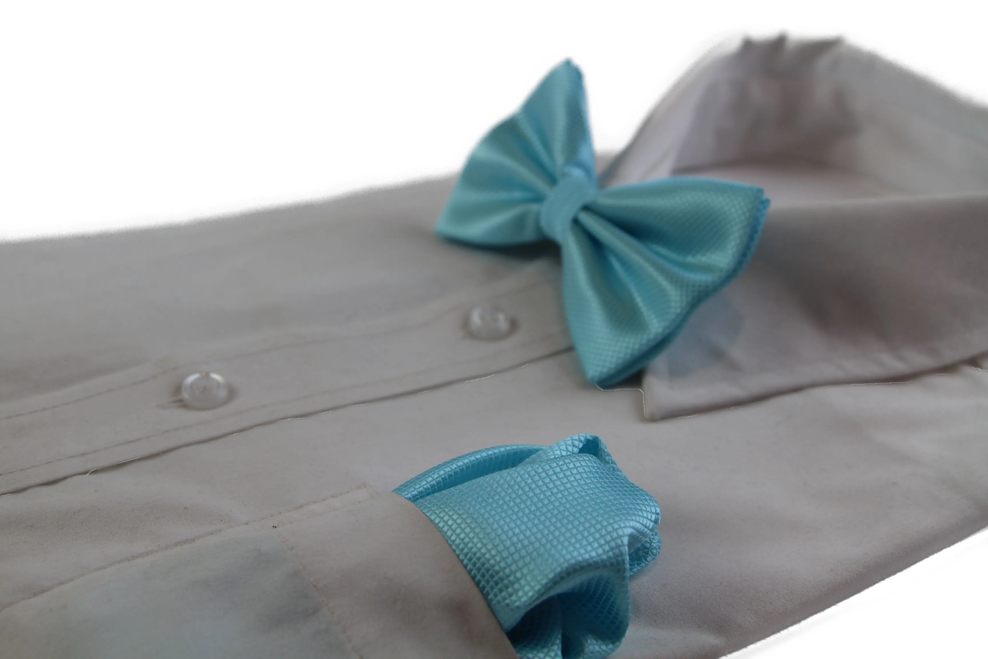 Mens Sky Blue Plain Coloured Checkered Bow Tie & Matching Pocket Square Set