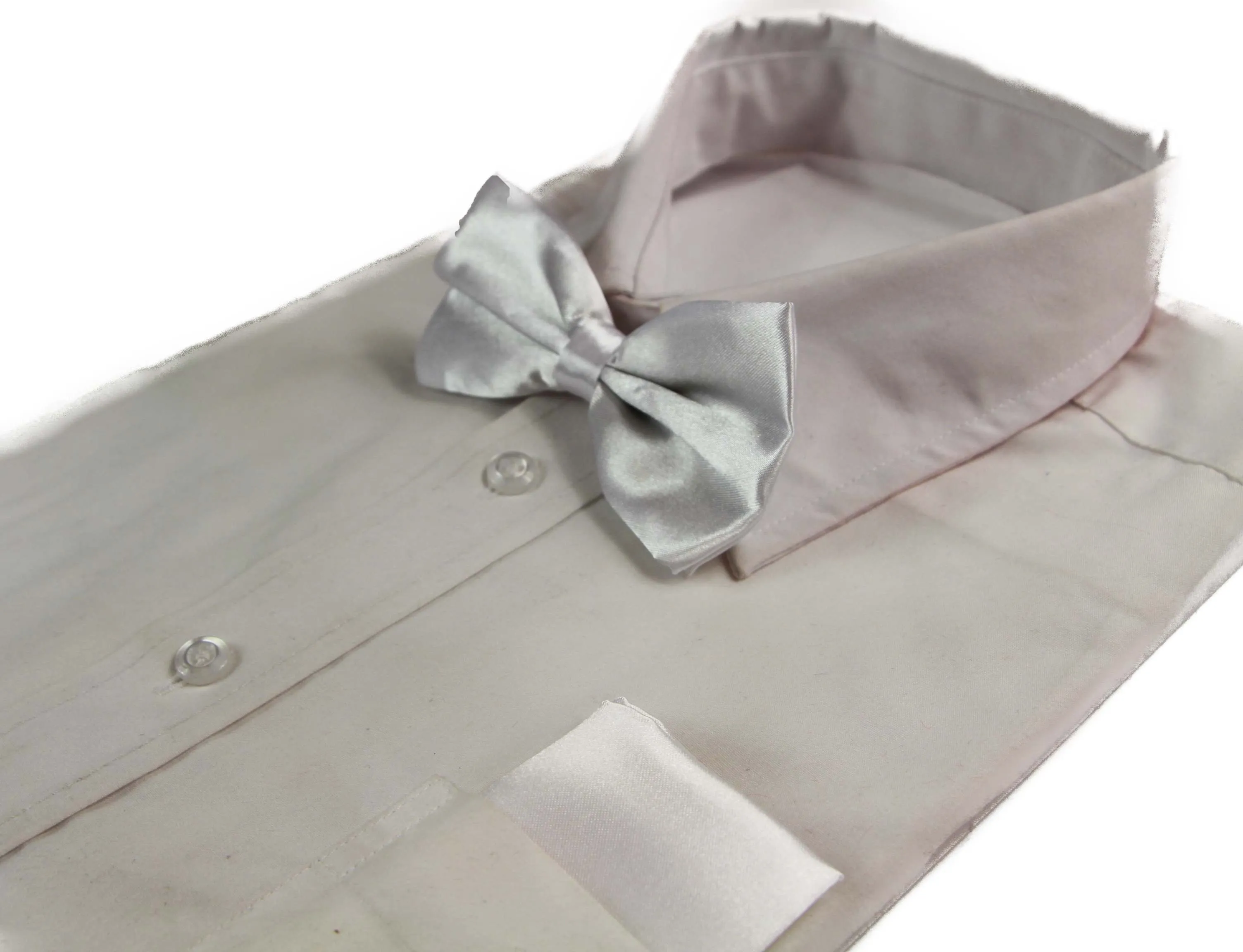 Mens White Plain Bow Tie & Matching Pocket Square Set