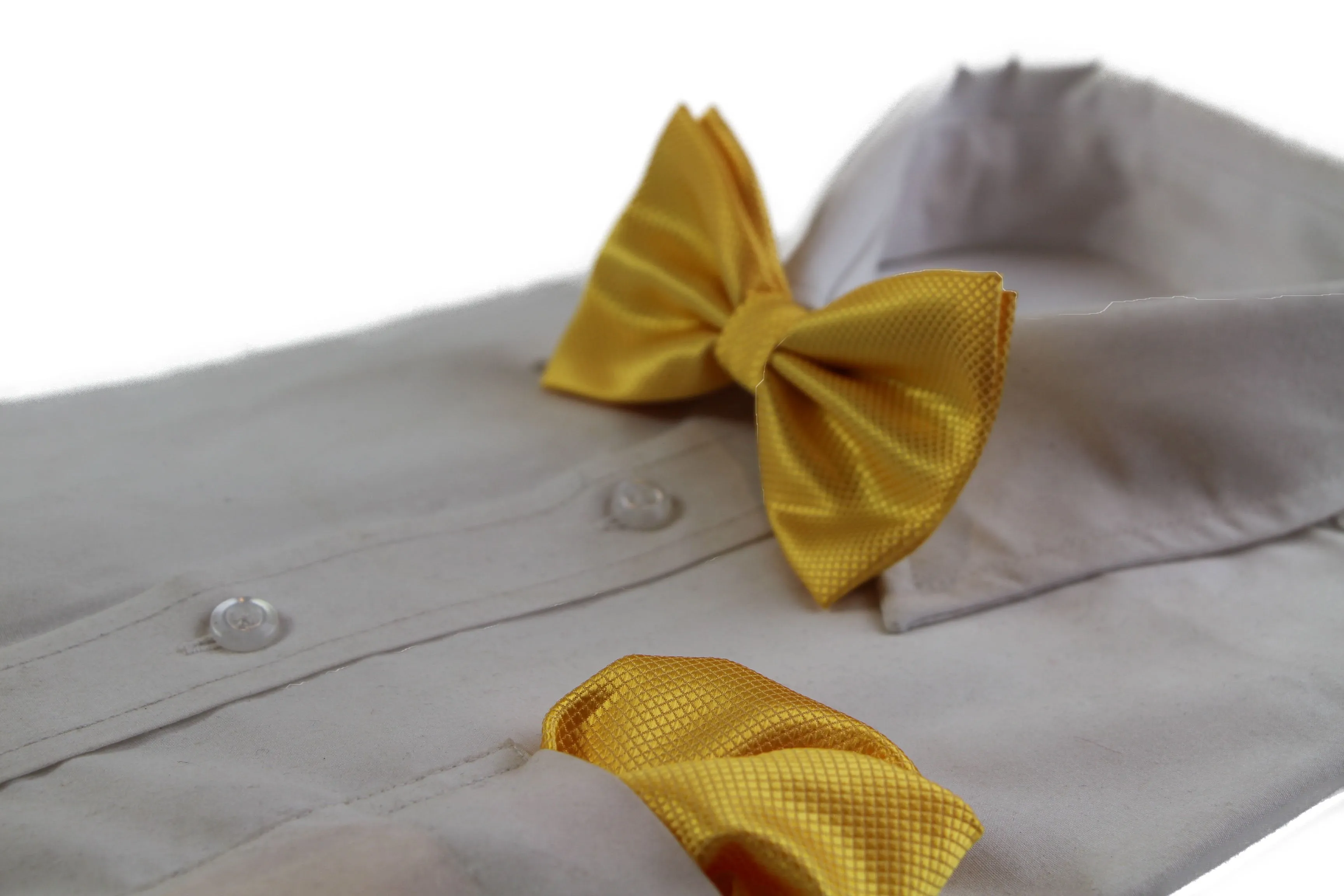 Mens Yellow Plain Coloured Checkered Bow Tie & Matching Pocket Square Set