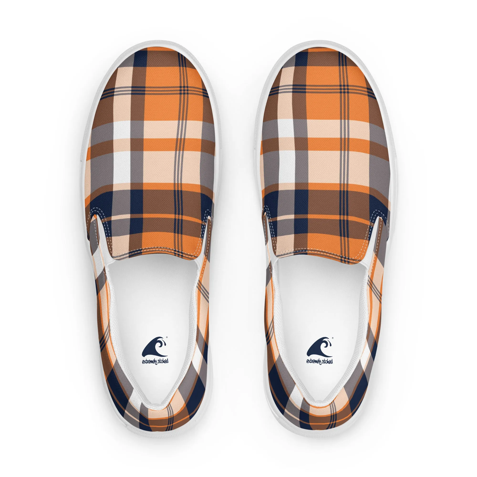 Orange and Navy Blue Preppy Surfer Plaid Men’s Slip On Canvas Shoes