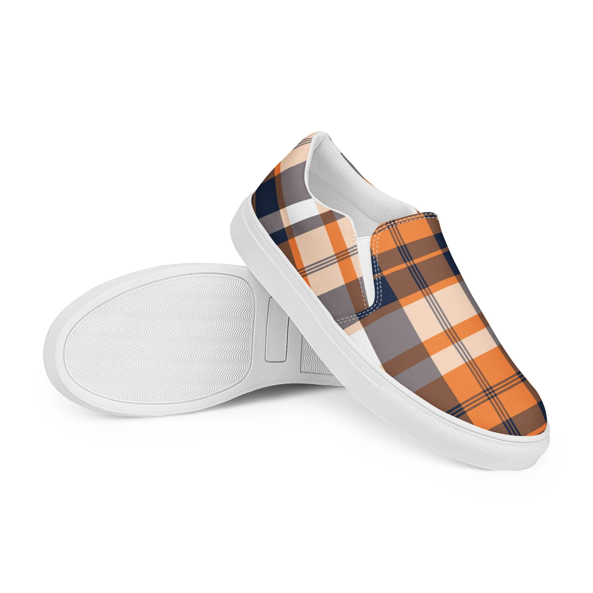 Orange and Navy Blue Preppy Surfer Plaid Men’s Slip On Canvas Shoes