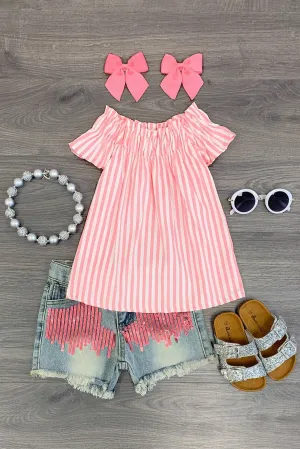 Pink & White Striped Sequin Denim Short Set