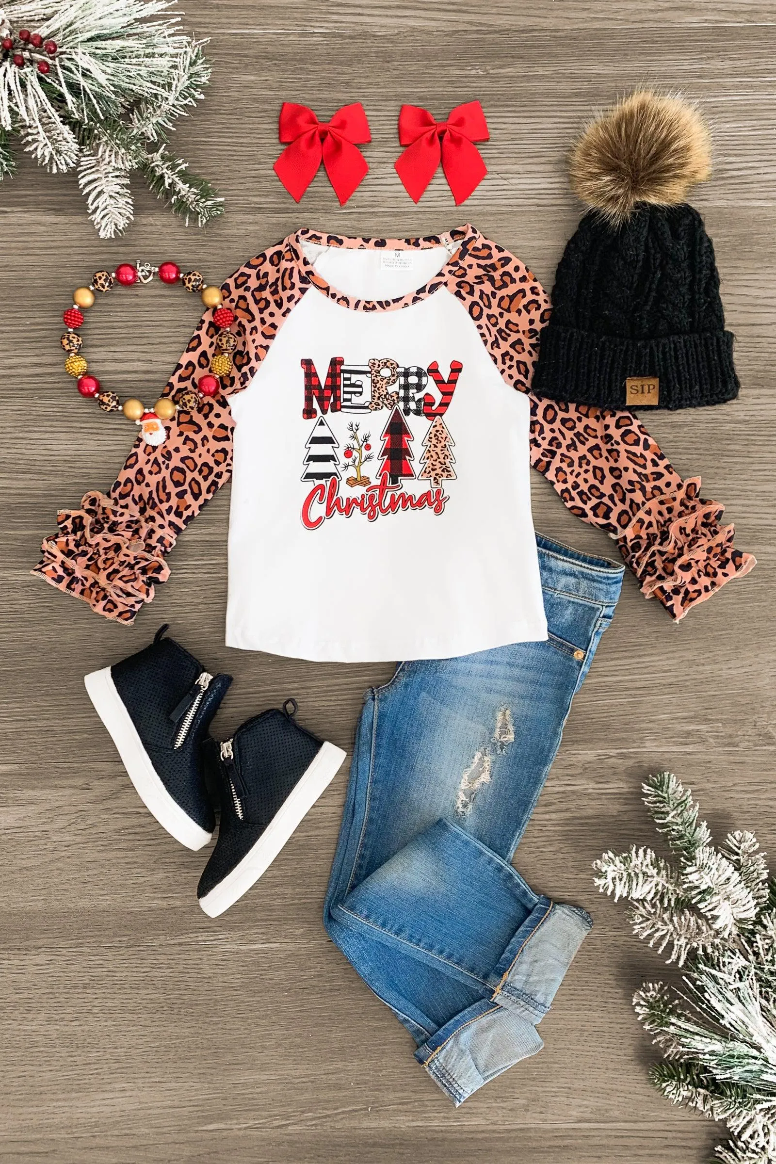 "Merry Christmas" Leopard Ruffle Sleeve Top