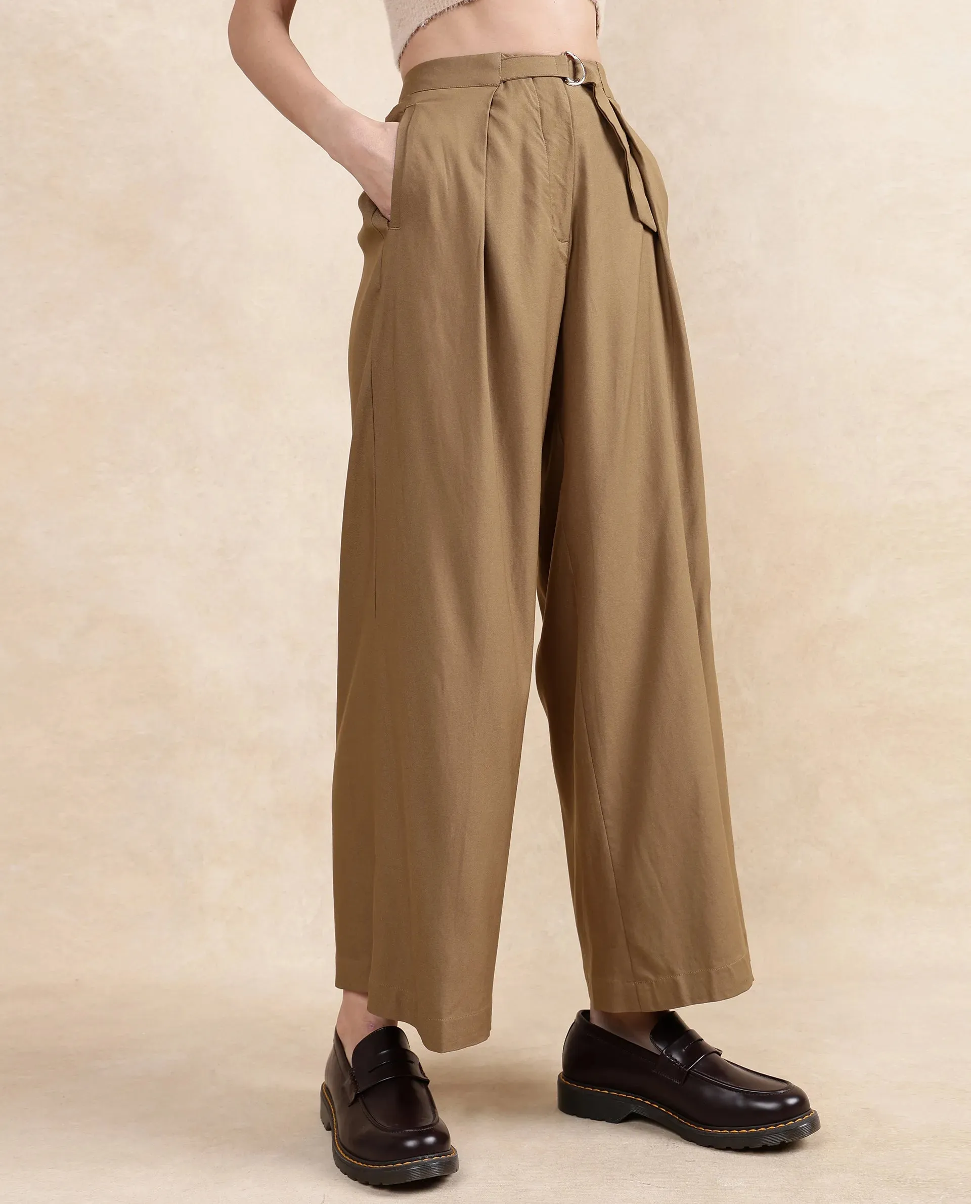 Rareism Women Tarina Mustard Hook Closure Wide Fit Ankle Length Plain Trouser