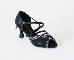 Stephanie Dance Shoes, 2056-15, Black Satin-Rhinestones, 2” & 2.5” Flared Heel