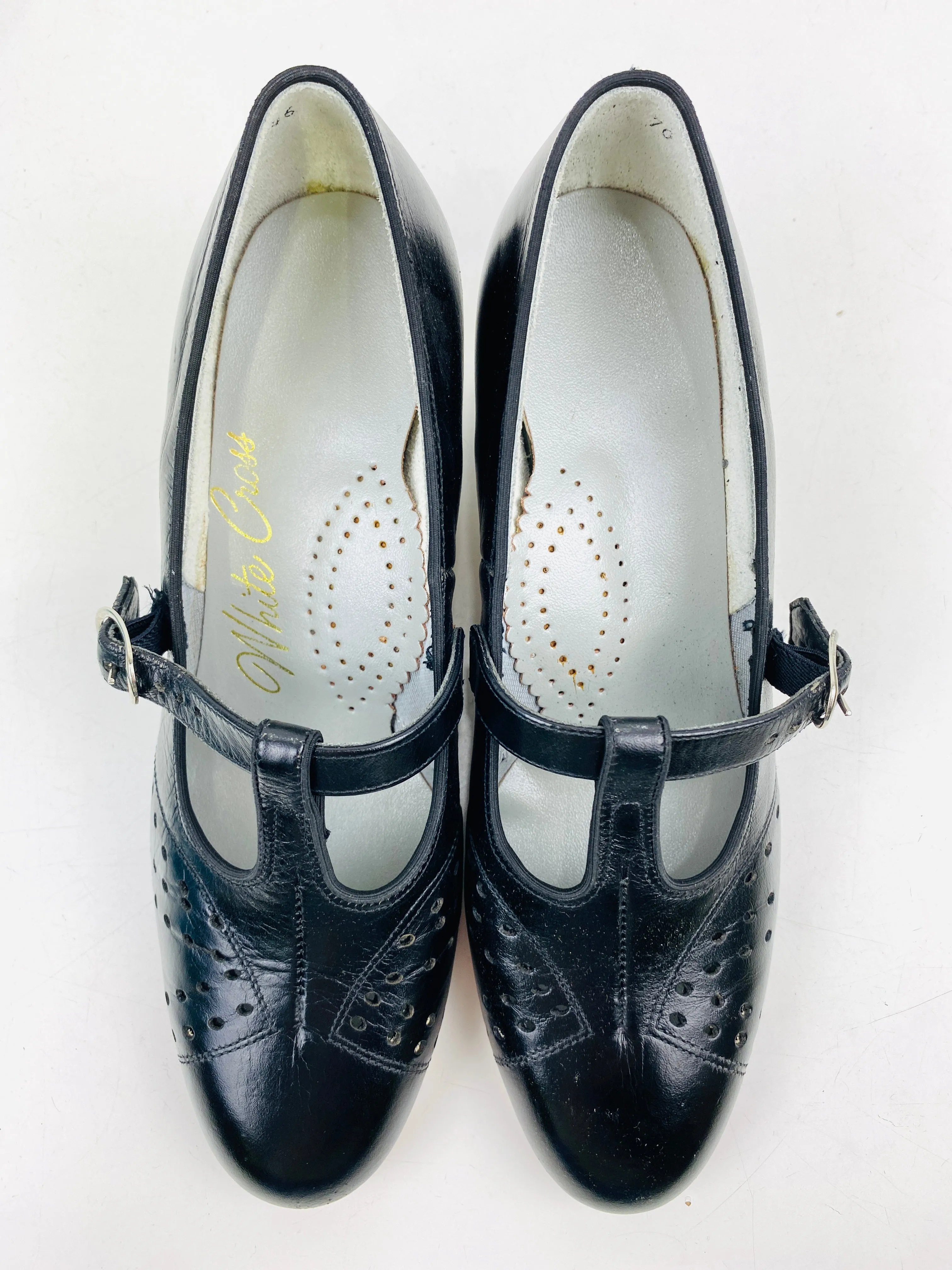 Vintage Deadstock Shoes, Women's 1980s Black Leather Cuban Heel T-Strap Pumps, NOS, 7869