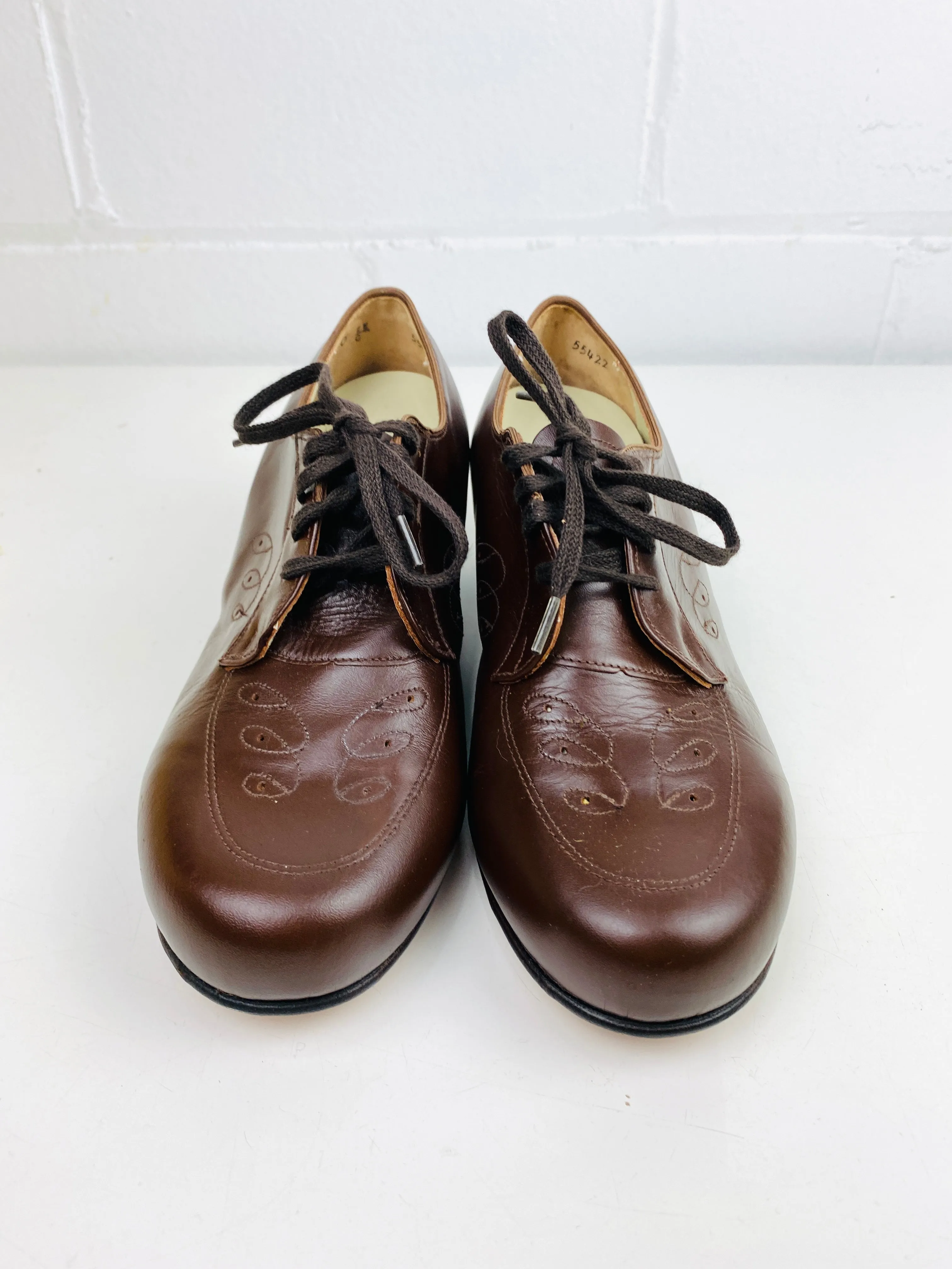 Vintage Deadstock Shoes, Women's 1980s Brown Leather Oxford's, Cuban Heels, NOS, 8098