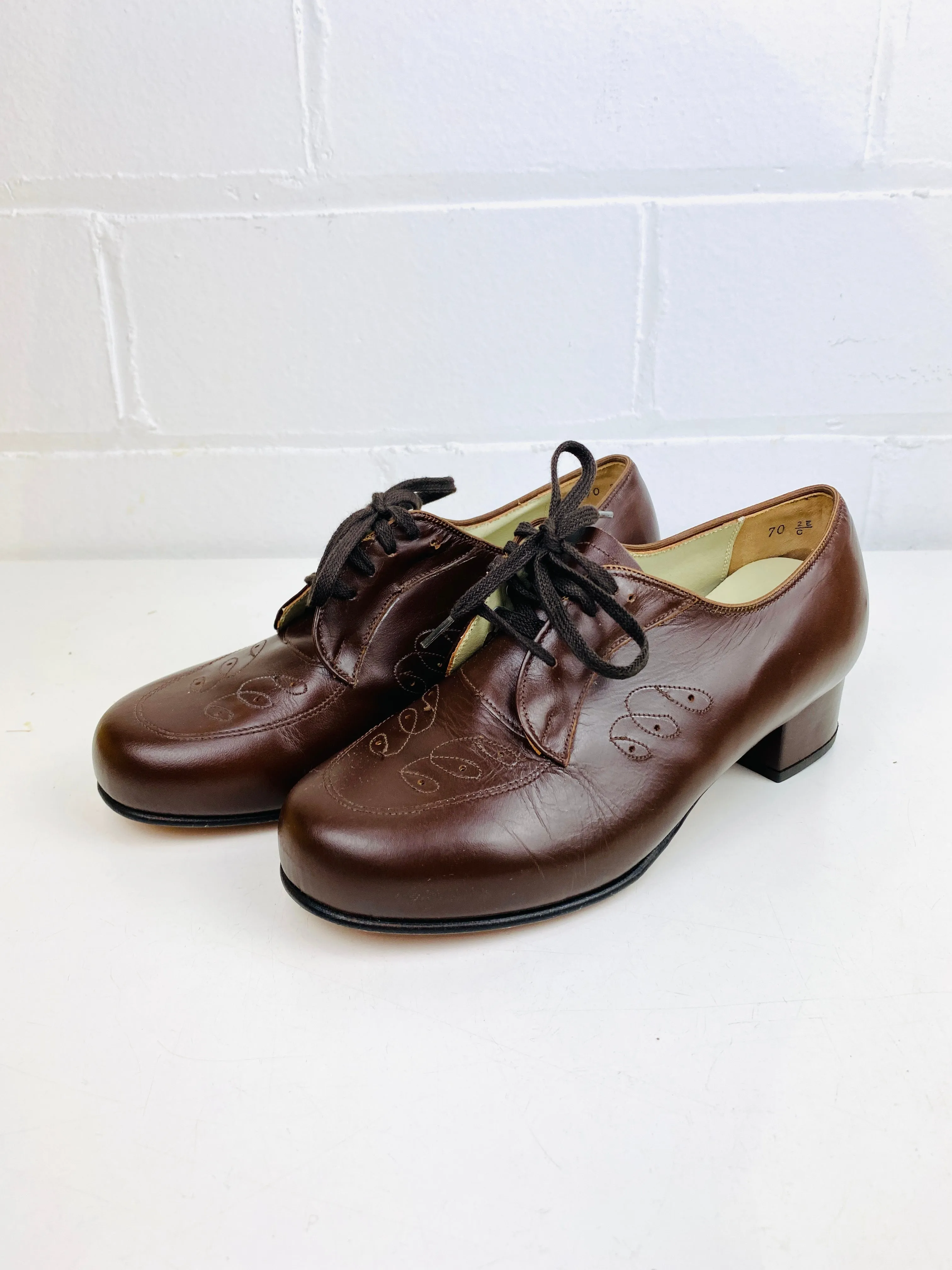 Vintage Deadstock Shoes, Women's 1980s Brown Leather Oxford's, Cuban Heels, NOS, 8098