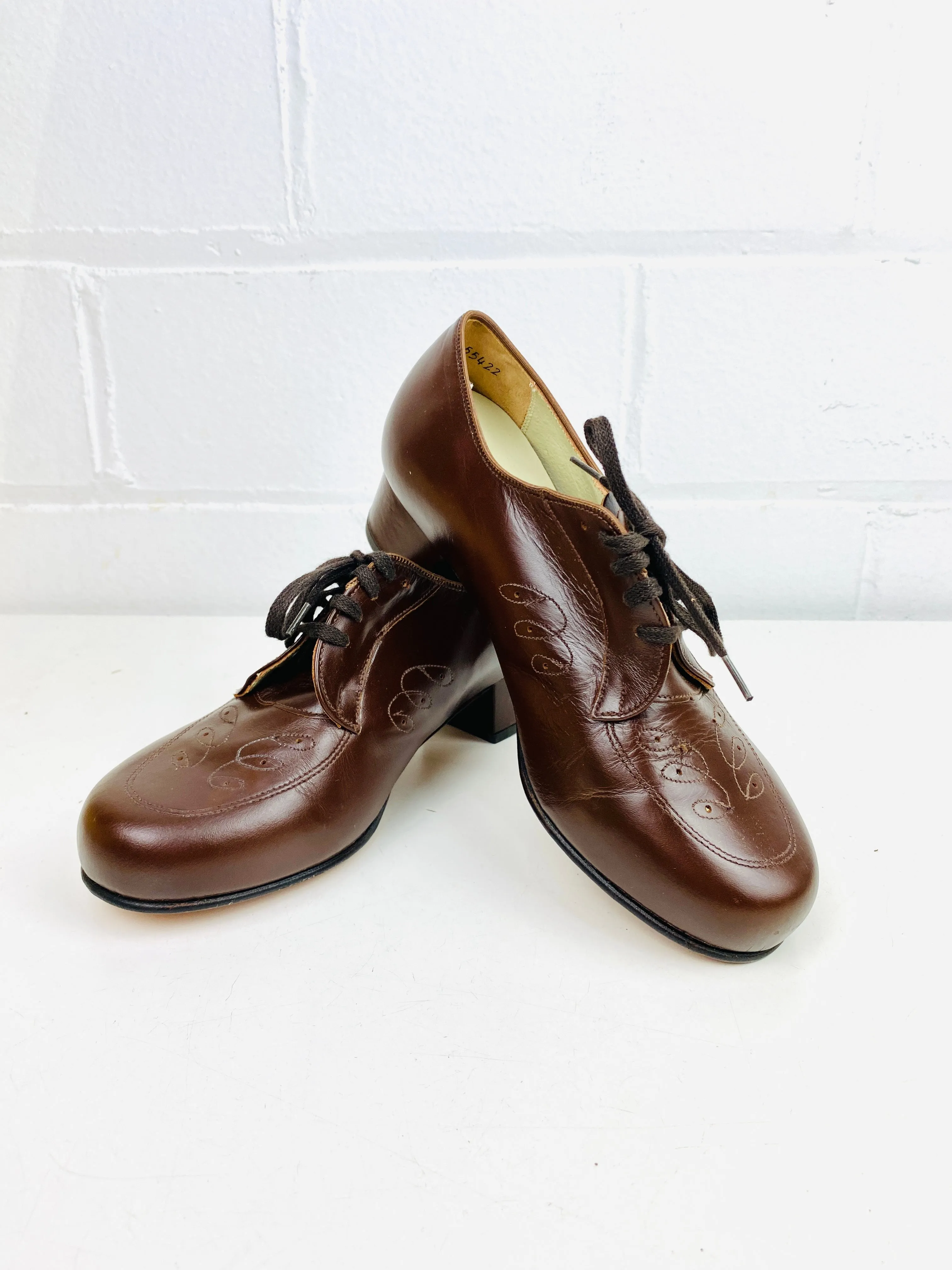 Vintage Deadstock Shoes, Women's 1980s Brown Leather Oxford's, Cuban Heels, NOS, 8098