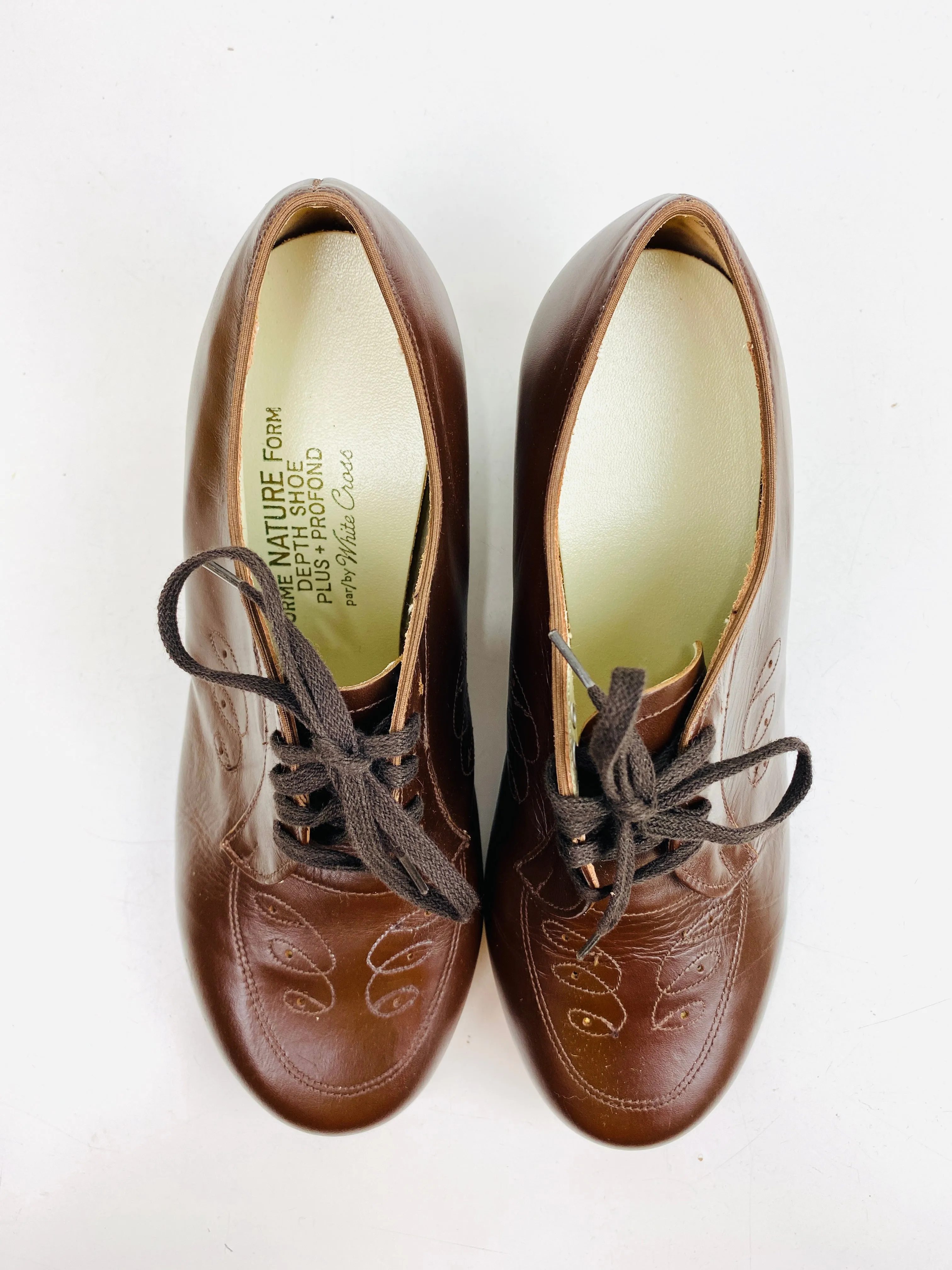 Vintage Deadstock Shoes, Women's 1980s Brown Leather Oxford's, Cuban Heels, NOS, 8098