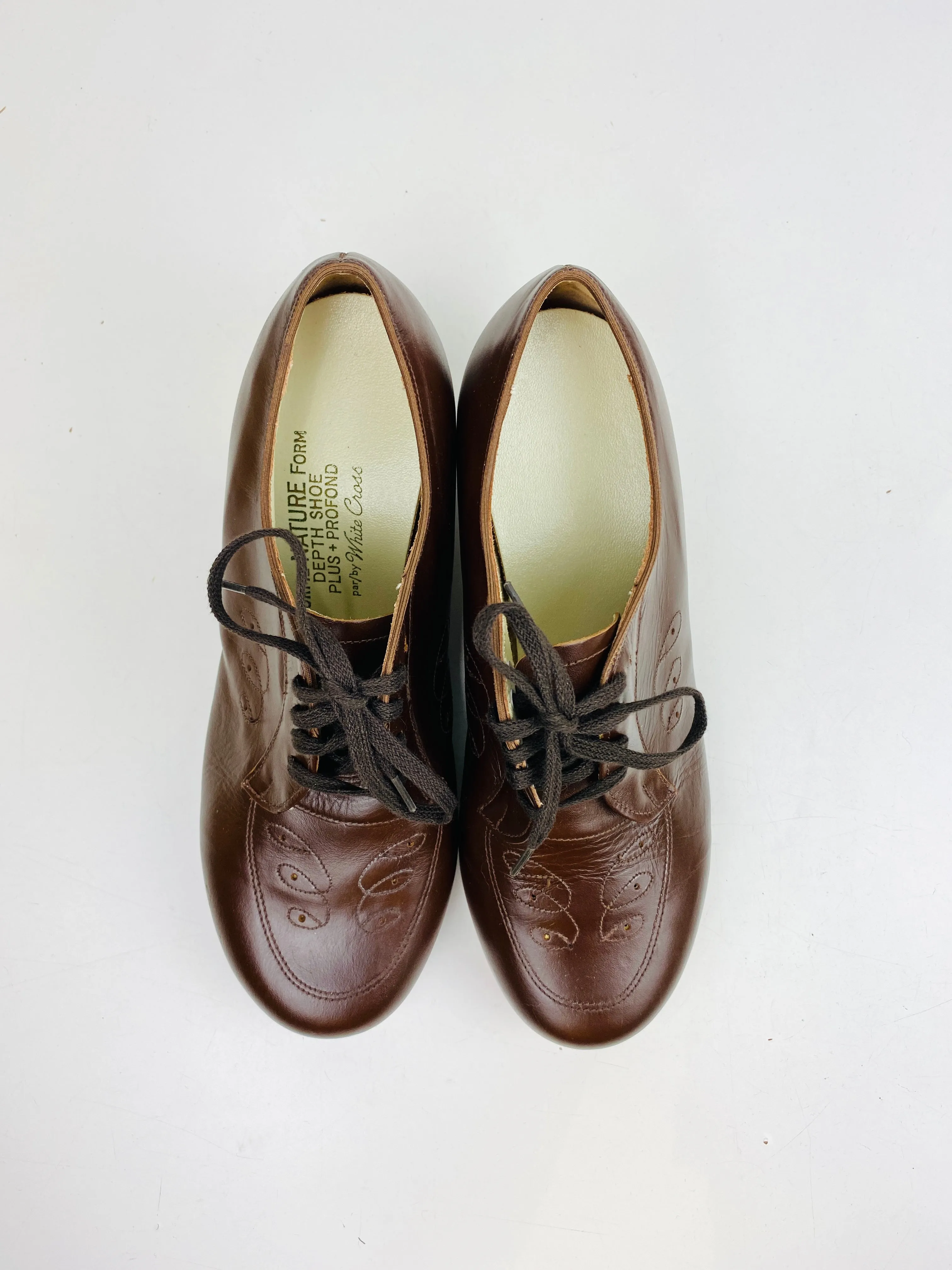 Vintage Deadstock Shoes, Women's 1980s Brown Leather Oxford's, Cuban Heels, NOS, 8098