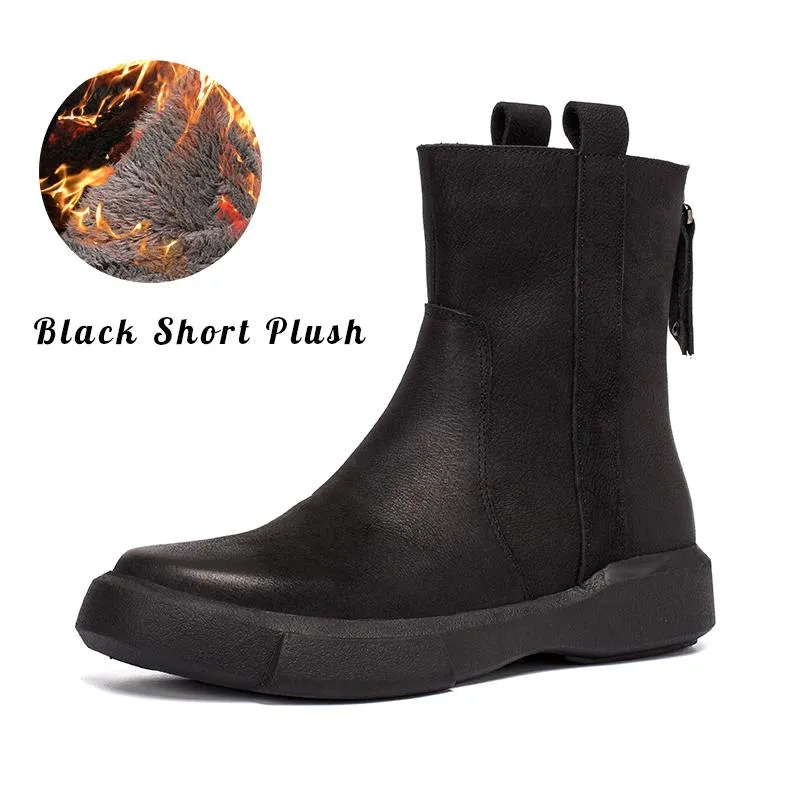 Waxing Leather Chelsea Boots Handmade British Boots Back Zip Black/Coffee/Black Short Plush/Coffee Short Plush